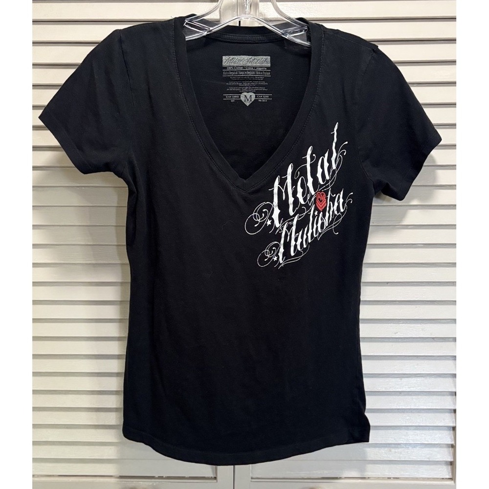 Metal Mulisha Graphic V Neck Short Sleeve T-Shirt Size M Logo Tattoo Old School